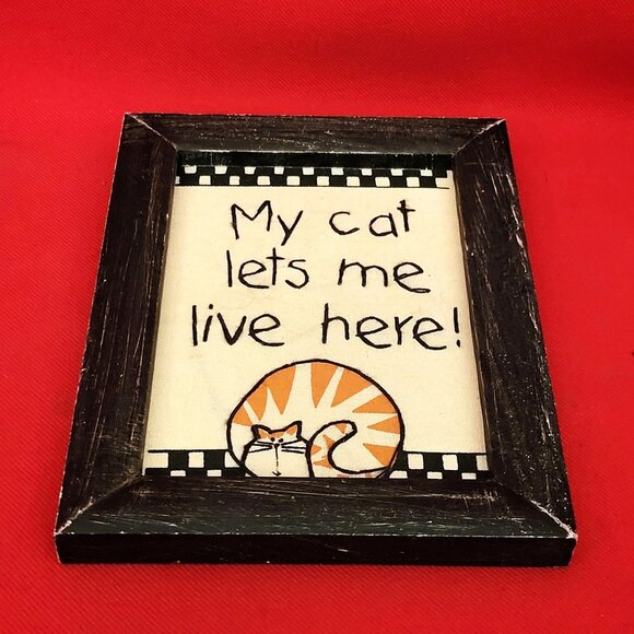Distressed Framed Art Embroidered My Cat Lets Me Live Here - Picture 4 of 10